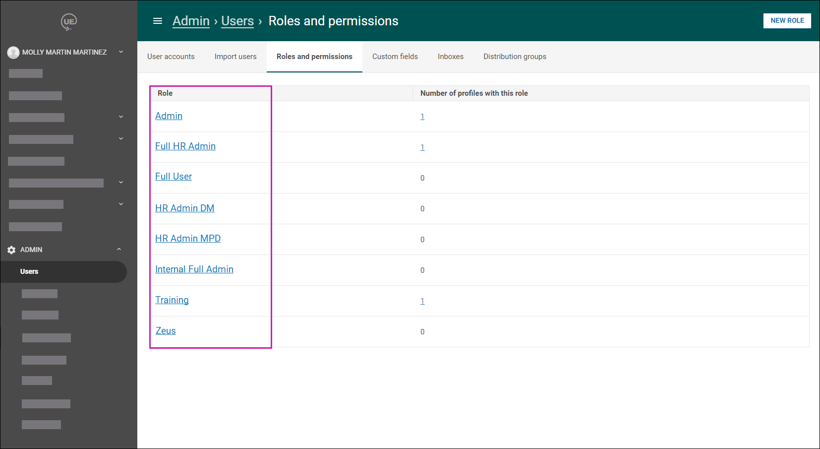 This image shows the location of the Roles and Permissions tab on the Users page.